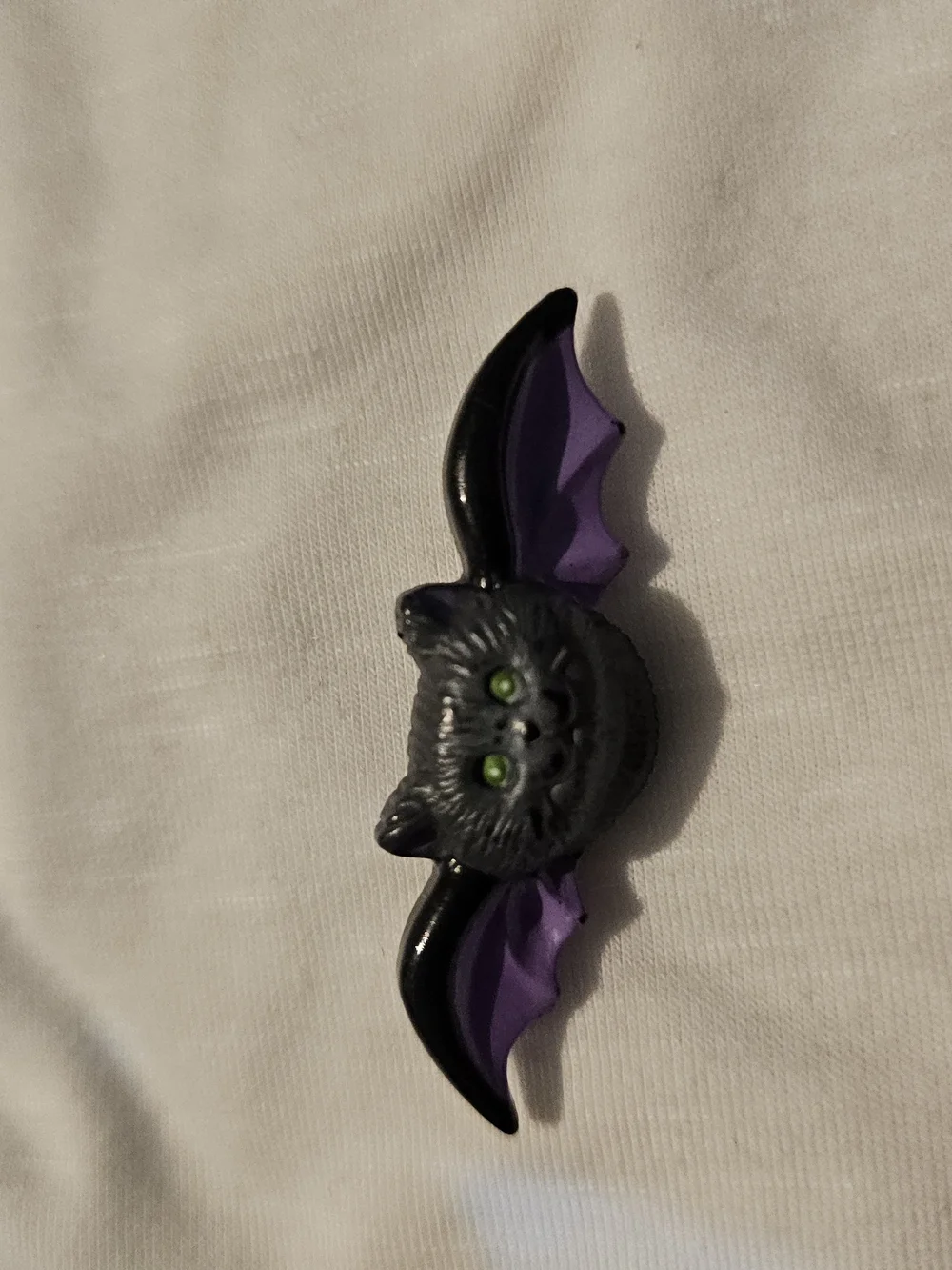 Purple & Black Bat Cat Brooch Pin with Green Eyes